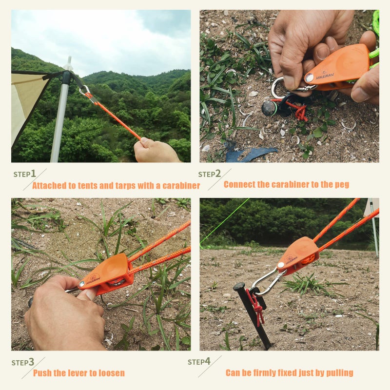 Hikeman Camping Rope with Ratchet Pulley Quick Setup Outdoor Guy Lines Adjustable Tent Tie Downs Rope Hanger for Canopy Kayak and Canoe Grow Light (4PCS Orange) - Image 5